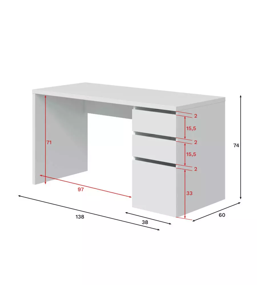 Scrivania "stylus" bianco artico 2 cassetti e 1 anta, 74x138x60 cm